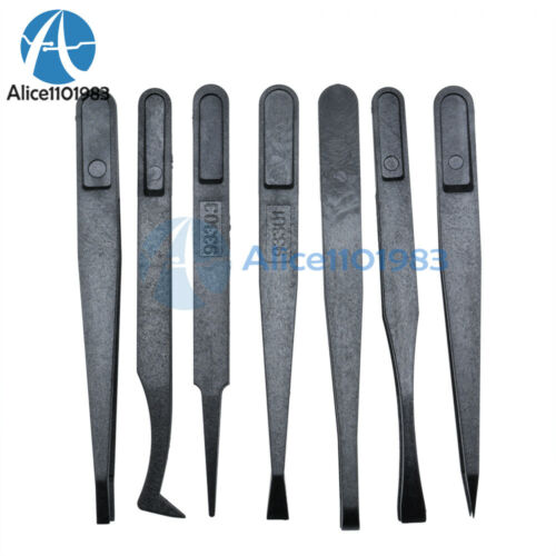 7pcs Anti-static Tweezer Tool Straight Bend Plastic Heat Resistant